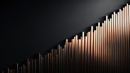 This abstract image showcases metallic bars arranged in a dynamic pattern against a dark background, emphasizing texture and the interplay of light and shadow.の素材