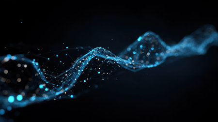 This captivating image features a flowing wave pattern made of luminous particles and lines against a dark background, creating a mesmerizing visual effect.の素材