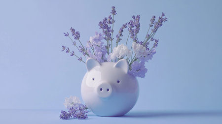 A charming piggy bank acts as a unique vase filled with fresh lavender and white flowers. The pastel blue background creates a serene and artistic atmosphere.の素材