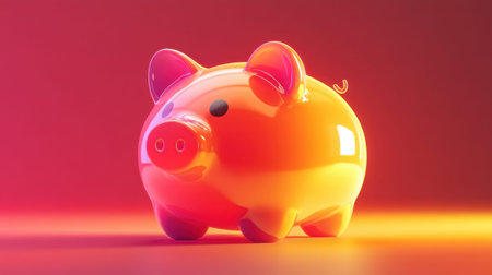 A vivid and glossy orange piggy bank captures attention against a colorful gradient background, representing financial growth and the importance of saving money.の素材