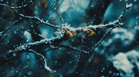 A captivating winter scene showcasing delicate snowflakes resting on a frosted branch, creating a serene ambiance filled with tranquility and natural beauty.の素材