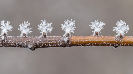 This captivating image features intricate frost-covered snowflakes adorning a bare tree branch, highlighting the natural beauty and artistry of winter in stunning detail.の素材
