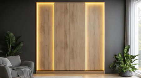A stylish living room featuring a sleek wooden cabinet with soft ambient lighting, creating a cozy atmosphere. The dark wall contrasts beautifully with natural elements.の素材
