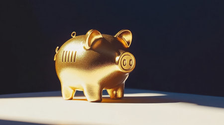 A golden piggy bank positioned elegantly on a light surface symbolizes financial savings. This image captures themes of wealth, prosperity, and money management in stunning artistic lighting.の素材