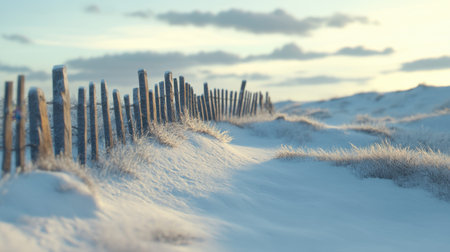 A serene winter landscape featuring a weathered wooden fence contrasting against smooth, white snow. Gentle sunlight bathes the scene, creating a peaceful atmosphere.の素材