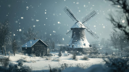 A serene winter scene featuring a snow-dusted windmill and a cozy cottage amidst falling snow. The tranquil setting evokes feelings of peace and solitude in nature.の素材