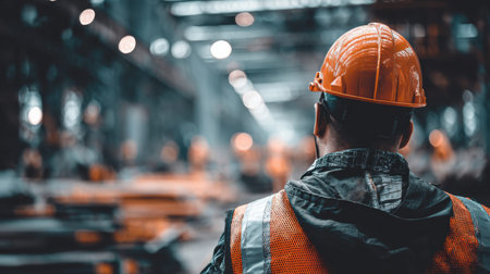 A worker in safety gear stands in an industrial setting, observing the bustling environment of construction and machinery with focus. The image captures the essence of safety and professionalism.の素材
