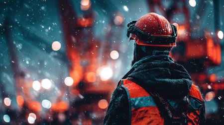 A construction worker in safety gear stands amidst falling snow, observing a busy construction site illuminated by soft lights, capturing the intersection of nature and industry.の素材