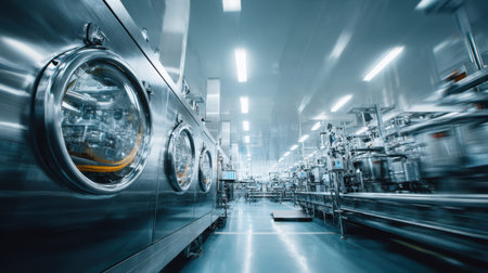 A modern industrial laundry facility showcasing advanced machines and equipment designed for efficient fabric processing and maintaining high standards of cleanliness.の素材