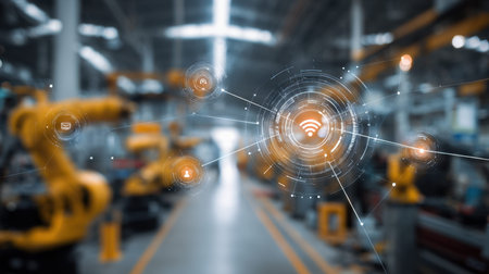 A modern manufacturing facility showcasing advanced industrial automation with robotic arms and wireless technology. Highlighting connectivity and innovation in production environments.の素材