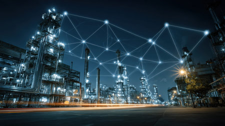 A striking nighttime image of a refinery showcasing illuminated towers and vibrant network connections, representing the fusion of industry and technology in an urban setting.の素材