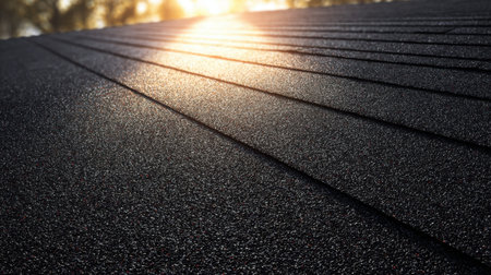 This close-up image showcases the textured surface of an asphalt roof bathed in warm sunlight. The interplay of light and shadow creates a tranquil atmosphere that highlights craftsmanship.の素材