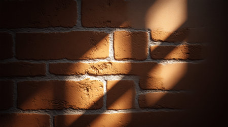 A detailed image of a textured brown brick wall, highlighted by soft shadows and warm light, creating a welcoming atmosphere perfect for interior design inspiration.の素材
