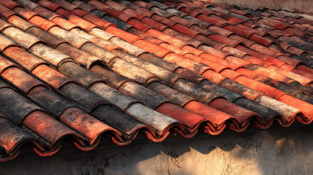 A detailed view of vibrant terracotta roof tiles, showcasing unique textures and weathered colors under natural light, perfect for architecture and design themes.の素材
