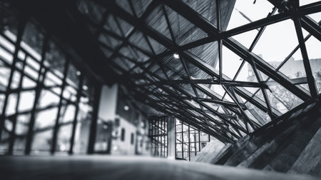 Elegant interior view showcasing a striking architectural design with angular metal framework and glass surfaces, creating a dynamic and artistic atmosphere.の素材
