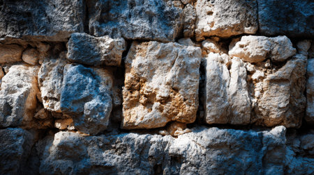 Discover a close-up view of a textured stone wall featuring natural colors and harmonious shadows, perfect for a variety of creative and design projects.の素材