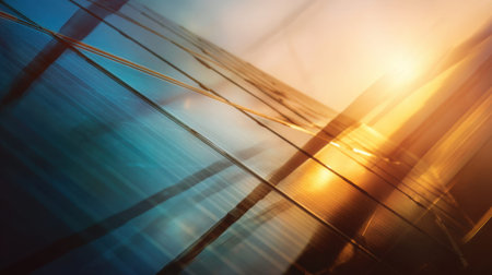 This abstract image features dynamic lines and warm sunlight creating a vibrant blend of blue and orange, perfect for modern design and artistic projects.の素材