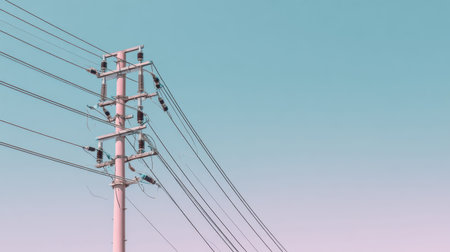 A striking pink utility pole towers against a soft blue sky, surrounded by power lines, embodying minimalist aesthetics perfect for design projects in urban settings.の素材