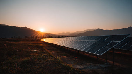 A serene sunrise illuminates a field of solar panels set against a backdrop of mountains, highlighting the importance of renewable energy for a sustainable future.の素材