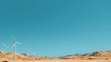 This image showcases wind turbines efficiently harnessing renewable energy in a vast arid landscape against a bright blue sky, symbolizing sustainable technology.の素材