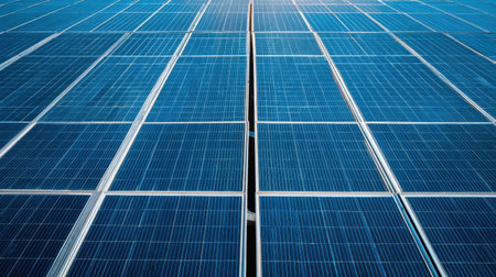 A detailed view of solar panels aligned to maximize efficiency, showcasing the sustainable technology that harnesses sunlight for green energy generation services.の素材