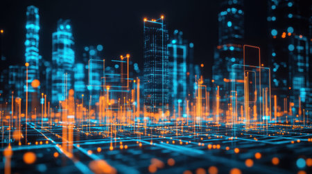 Explore a vibrant digital cityscape filled with bright neon lights and abstract data visualizations, representing the fusion of technology and modern urban life.の素材