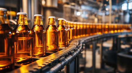 A vibrant production line features amber glass bottles filled with a beverage, showcasing the industrial processes of filling, capping, and quality control in a factory setting.の素材