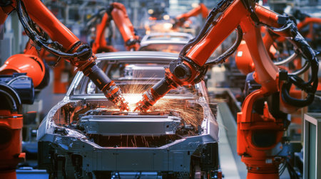 A vibrant scene of robotic arms working meticulously on an automotive assembly line, showcasing the blend of technology and precision engineering in manufacturing.の素材