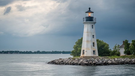 A picturesque lighthouse stands proudly on the rocky shore, surrounded by tranquil waters and a moody sky, capturing a beautiful coastal scene and inviting exploration.の素材