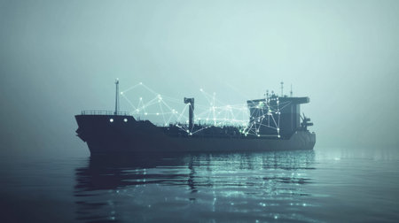 This image showcases a modern shipping vessel emerging from fog, connected by digital lines, symbolizing technology's impact on the maritime industry and logistics.の素材