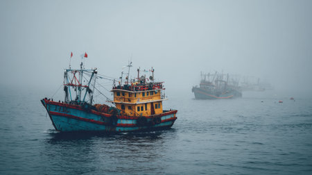 Colorful fishing boats are seen gliding through foggy waters, offering a peaceful maritime scene. The mist creates an ethereal atmosphere over the coastline.の素材