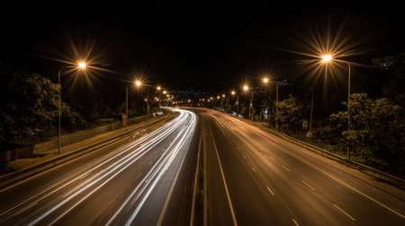 A stunning nighttime highway scene showcasing dynamic light trails from passing vehicles, set against a backdrop of glowing streetlights in an urban landscape.の素材