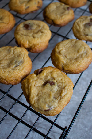 Freshly baked chocolate chip cookies.