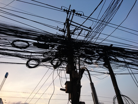 High electric pole and linesの写真素材