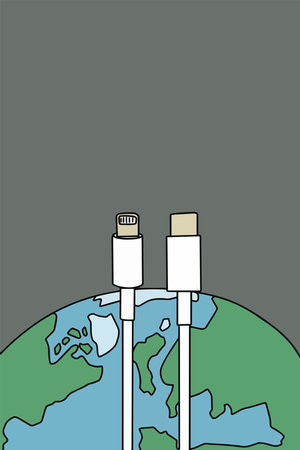 USB Type C cable on a Apple Phone black backgroundのイラスト素材