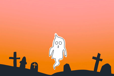 Halloween background with ghost in cemetery and orange sky, vector illustrationの写真素材