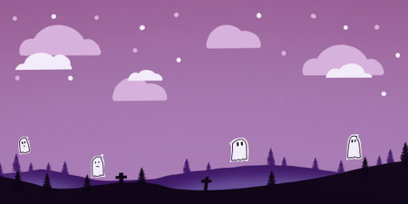 illustration of Halloween background with graveyard and moon in purple tone.の写真素材