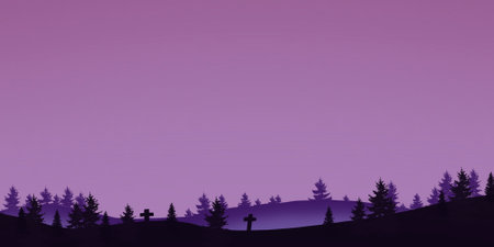 Silhouette of coniferous trees against purple sky, 3d renderの写真素材