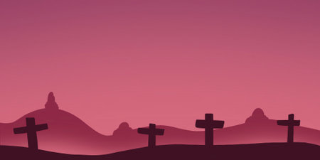 Silhouette of christian cross and mountain background. Vector illustration.