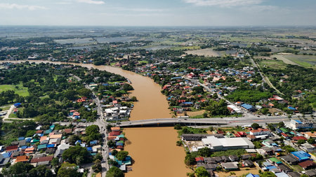 Aerial view of Nong Khai city and Mekong River, Thailandの写真素材