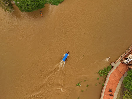 River Boats Aerial View  Waterway Transport  Thai River from Above floodの写真素材