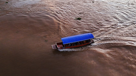 River Boats Aerial View  Waterway Transport  Thai River from Above floodの写真素材