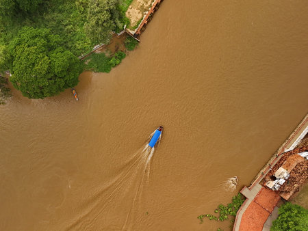 River Boats Aerial View  Waterway Transport  Thai River from Aboveの写真素材