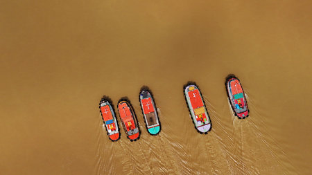 River Boats Aerial View  Waterway Transport  Thai River from Aboveの写真素材