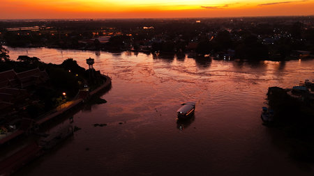 River Boats Aerial View  Waterway Transport  Thai River from Aboveの写真素材
