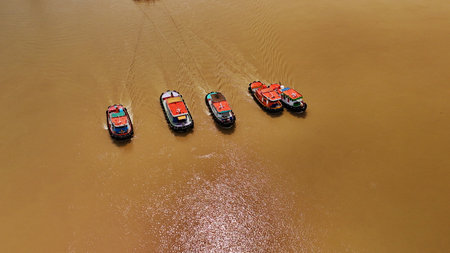 River Boats Aerial View  Waterway Transport  Thai River from Aboveの写真素材