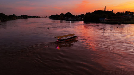 River Boats Aerial View  Waterway Transport  Thai River from Aboveの写真素材