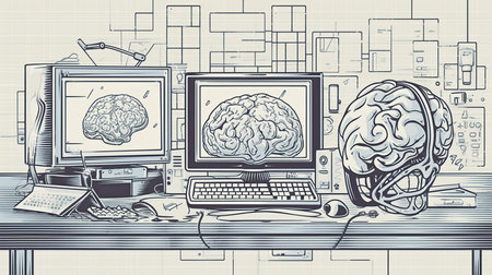Illustration of the relationship between the human brain and computersの素材