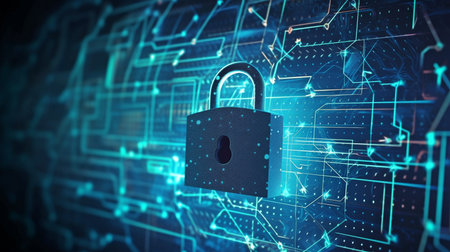 On a futuristic, digital blue grid, a lock sign representing security technology is displayed. wallpaper with a networking theme.  AI generatorsの素材