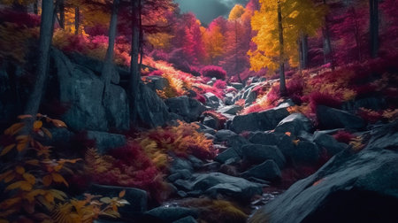 a UV image of an autumn-colored Canadian forest near a waterfall valley. Chiaroscuro.  AI generatorの素材